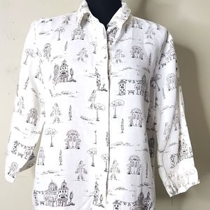 White linen button, down  French scene print timeless capsule Minimalist